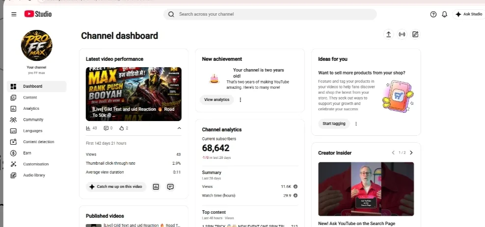 pro FF max YouTube Account Screenshot 1