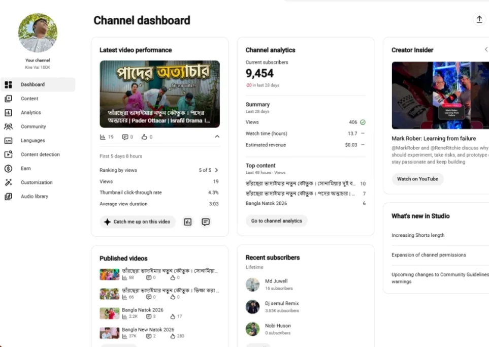 Kire Vai 100K YouTube Account Screenshot 2